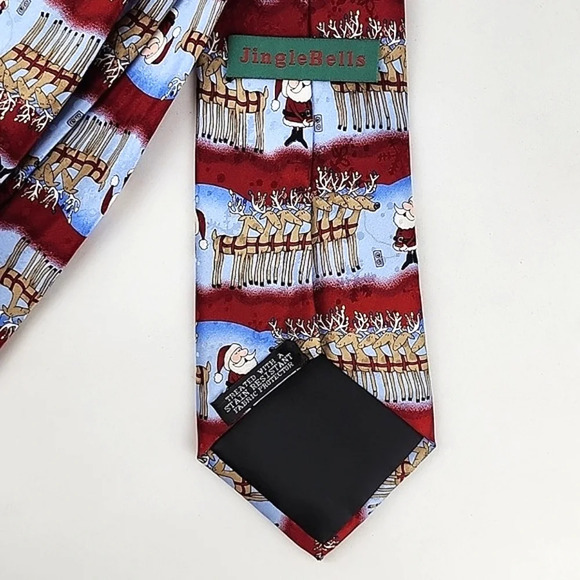 Jingle Bells Men’s  Novelty Fun Christmas Tie Santa Reindeers Blue Red 100% Silk - Picture 4 of 8